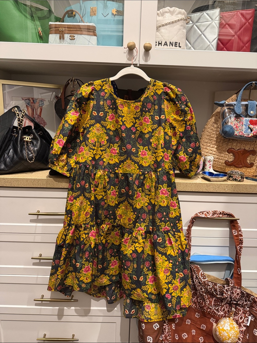 FARM Rio Black Floral Tiered Dress with Yellow and Pink Blooms